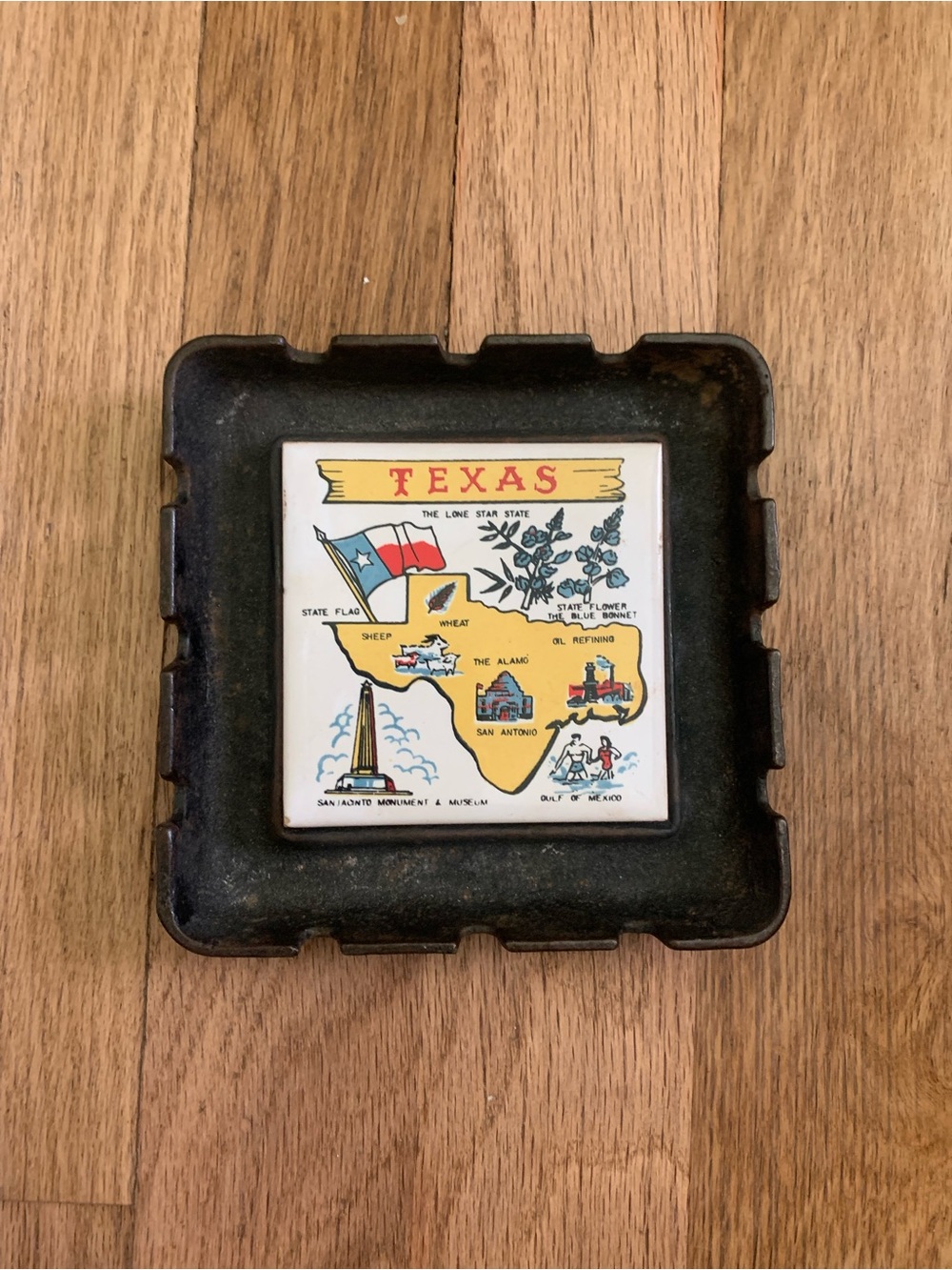 Vintage Texas Ceramic Tile Ashtray - Black Frame with Yellow Map Tile